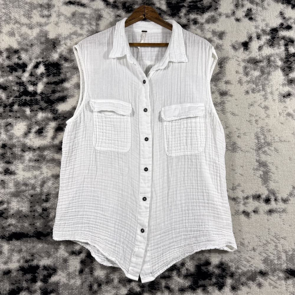 Free People White Sleeveless Button-Down Gauze Shirt